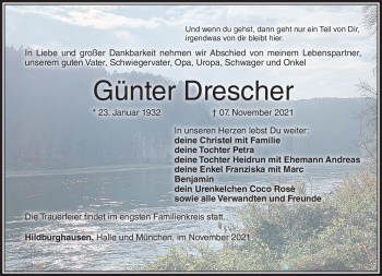 Traueranzeige von Günter Descher von Südthüringer Presse