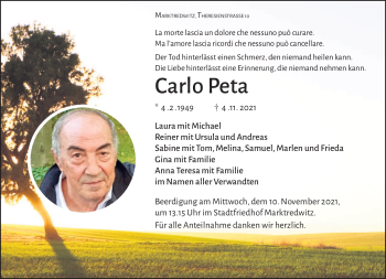 Traueranzeige von Carlo Peta von Frankenpost