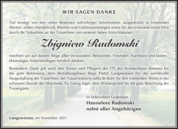 Traueranzeige von Zibgniew Radomski von Südthüringer Presse