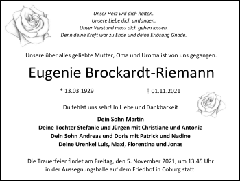 Traueranzeige von Eugenie Brockardt-Riemann von Neue Presse Coburg