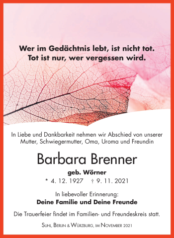 Traueranzeige von Barbara Brenner von Südthüringer Presse