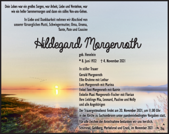 Traueranzeige von Hildegard Morgenroth von Südthüringer Presse