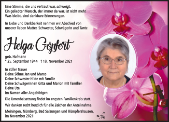 Traueranzeige von Helga Göpfert von Südthüringer Presse