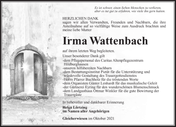 Traueranzeige von Irma Wattenbach von Südthüringer Presse