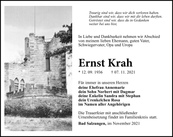 Traueranzeige von Ernst Krah von Südthüringer Presse