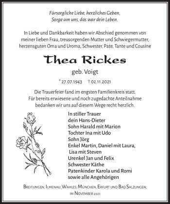 Traueranzeige von Thea Rickes von Südthüringer Presse