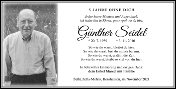Traueranzeige von Günther Seidel von Südthüringer Presse