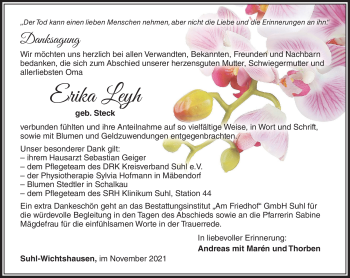 Traueranzeige von Erika Leyh von Südthüringer Presse