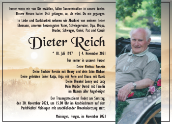 Traueranzeige von Dieter Reich von Südthüringer Presse