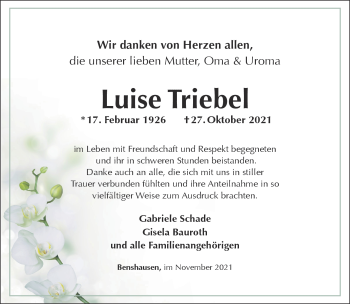 Traueranzeige von Luise Triebel von Südthüringer Presse