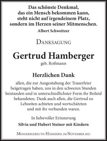 Traueranzeige von Gertrud Hamberger von Südthüringer Presse