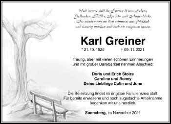 Traueranzeige von Karl Greiner von Südthüringer Presse