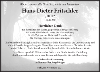 Traueranzeige von Hans-Dieter Fritschler von Südthüringer Presse