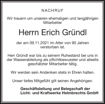 Traueranzeige von Erich Gründl von Frankenpost