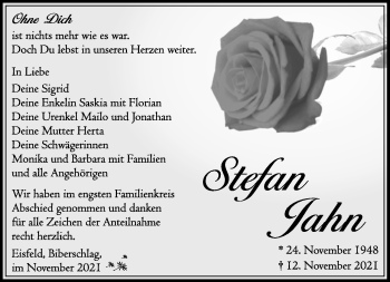 Traueranzeige von Stefan Jahn von Südthüringer Presse