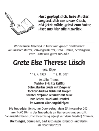 Traueranzeige von Grete Lösch von Südthüringer Presse