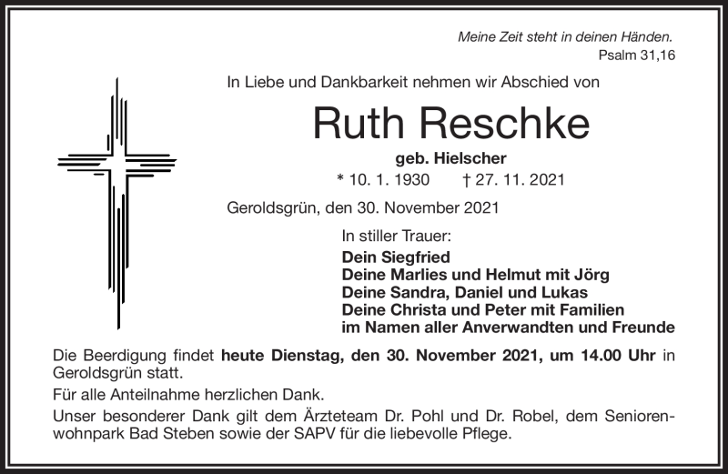  Traueranzeige für Ruth Reschke vom 30.11.2021 aus Frankenpost