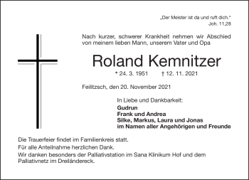 Traueranzeige von Roland Kemnitzer von Frankenpost
