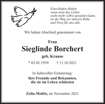Traueranzeige von Sieglinde Borchert von Südthüringer Presse