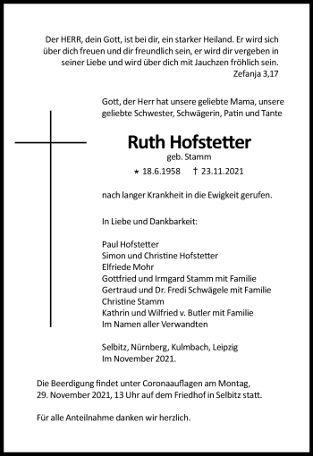 Traueranzeige von Ruth Hofstetter von Frankenpost