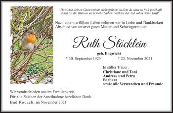 Traueranzeige von Ruth Stöcklein von Südthüringer Presse