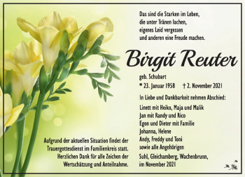 Traueranzeige von Birgit Reuter von Südthüringer Presse