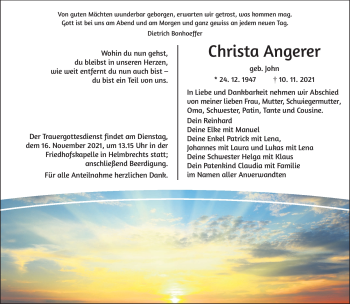Traueranzeige von Christa Angerer von Frankenpost