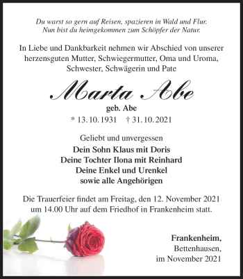 Traueranzeige von Martha Abe von Südthüringer Presse