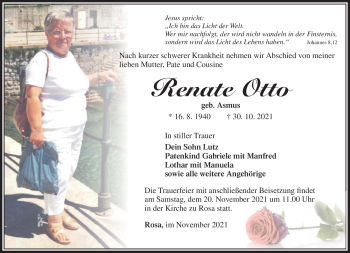 Traueranzeige von Renate Otto von Südthüringer Presse