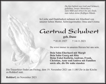 Traueranzeige von Gertrud Schubert von Südthüringer Presse