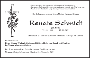Traueranzeige von Renate Schmidt von Südthüringer Presse