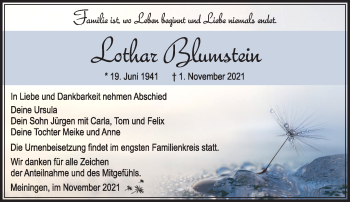 Traueranzeige von Lothar Blumstein von Südthüringer Presse