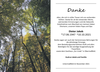 Traueranzeige von Dieter Jakob von Südthüringer Presse