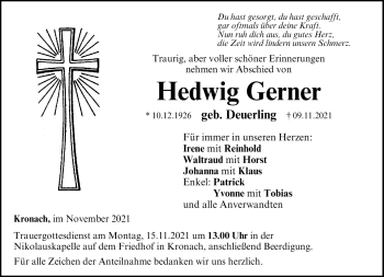 Traueranzeige von Hedwig Gerner von Neue Presse Coburg