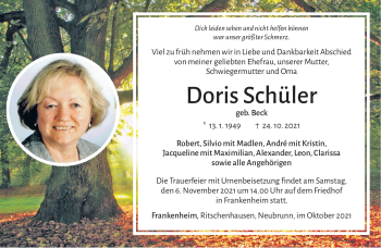 Traueranzeige von Doris Schüler von Südthüringer Presse