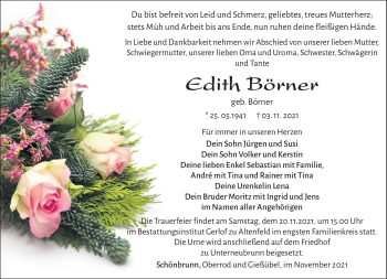 Traueranzeige von Edith Börner von Südthüringer Presse