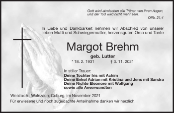 Traueranzeige von Margot Brehm von Neue Presse Coburg
