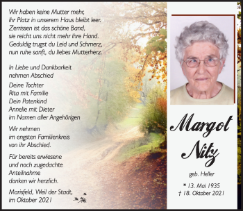 Traueranzeige von Margot Nitz von Südthüringer Presse