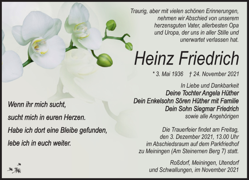  Traueranzeige für Heinz Friedrich vom 30.11.2021 aus Südthüringer Presse
