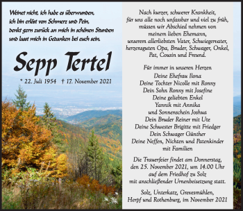 Traueranzeige von Sepp Tertel von Südthüringer Presse