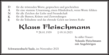 Traueranzeige von Klaus Fleischmann von Frankenpost