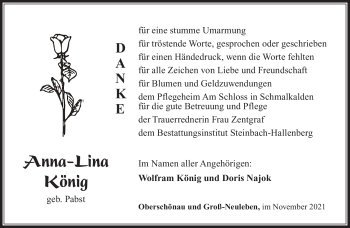 Traueranzeige von Anna-Lina König von Südthüringer Presse