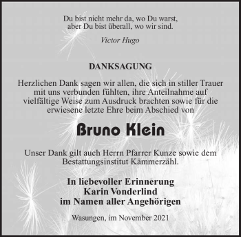 Traueranzeige von Bruno Klein von Südthüringer Presse