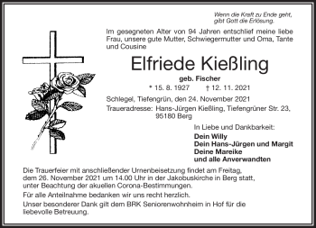 Traueranzeige von Elfriede Kießling von Frankenpost