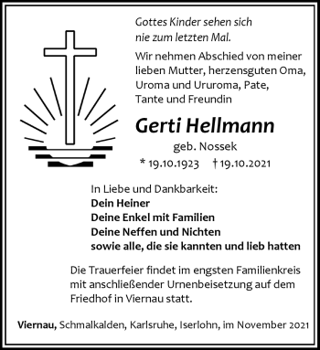 Traueranzeige von Gerti Hellmann von Südthüringer Presse