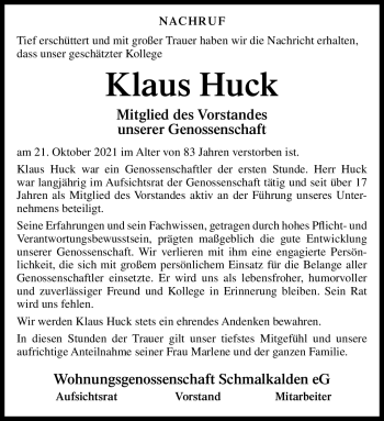 Traueranzeige von Klaus Huck von Südthüringer Presse