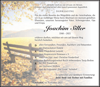 Traueranzeige von Joachim Siller von Südthüringer Presse