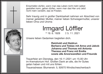 Traueranzeige von Irmgard Löffler von Frankenpost