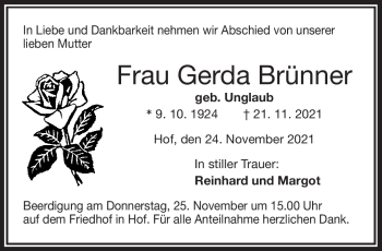 Traueranzeige von Gerda Brünner von Frankenpost