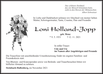Traueranzeige von Loni Holland-Jopp von Südthüringer Presse